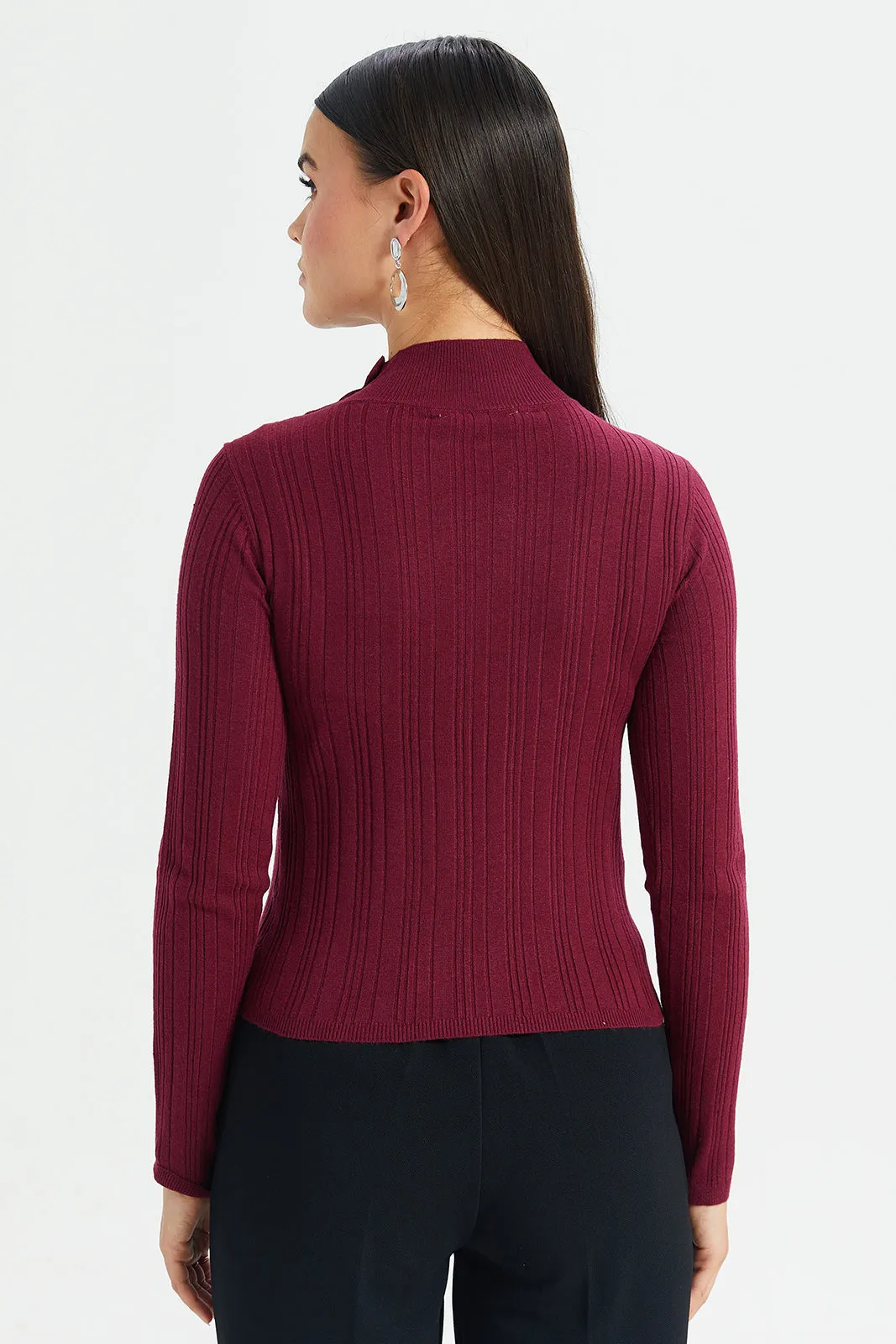 Women Burgundy Embellished Shoulder Button Top