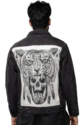 X RAY Men's Limited Edition Denim Jacket With Graphic on the back of Tiger Head Hat