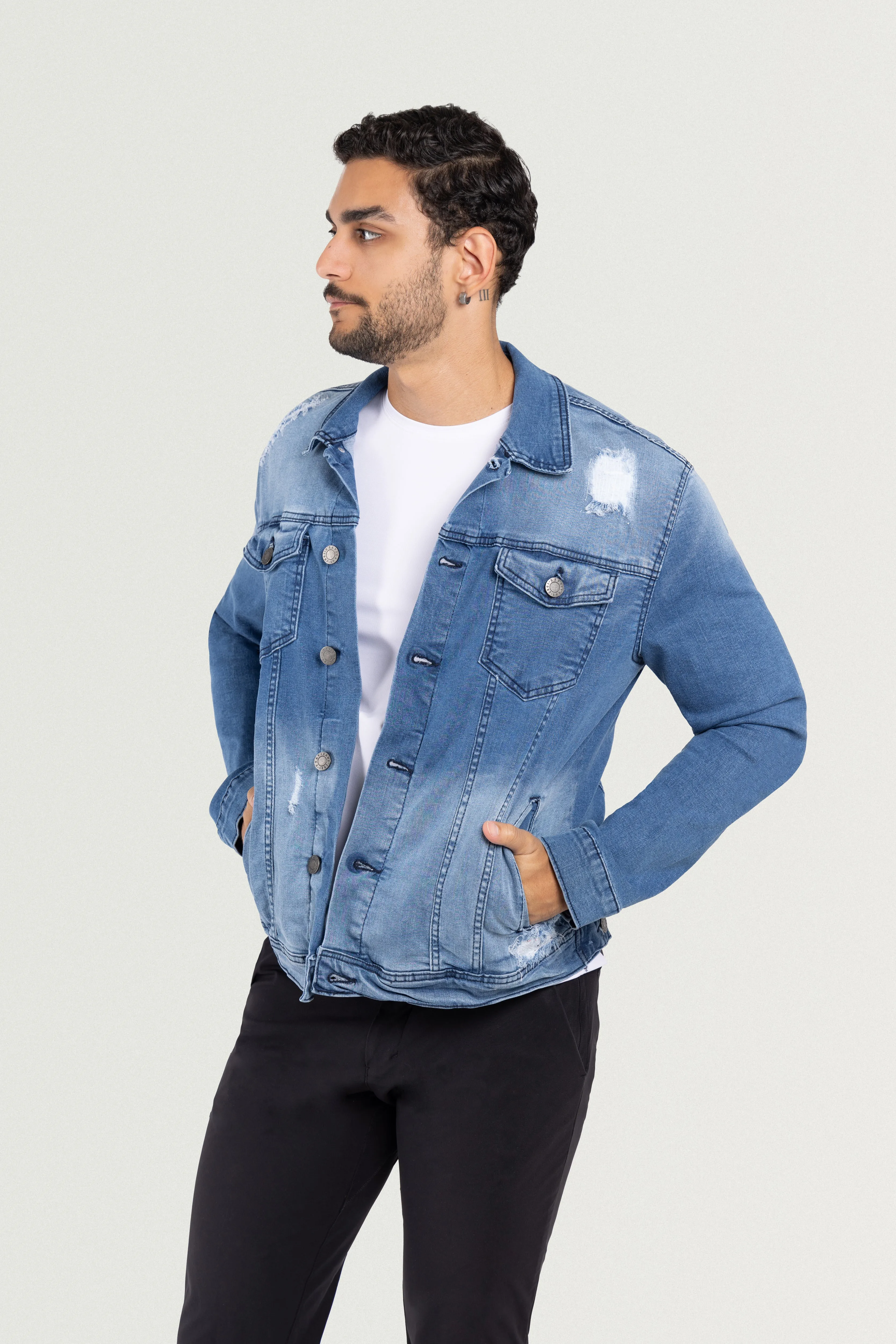 X RAY Men's Washed Trucker Rip Denim Jacket