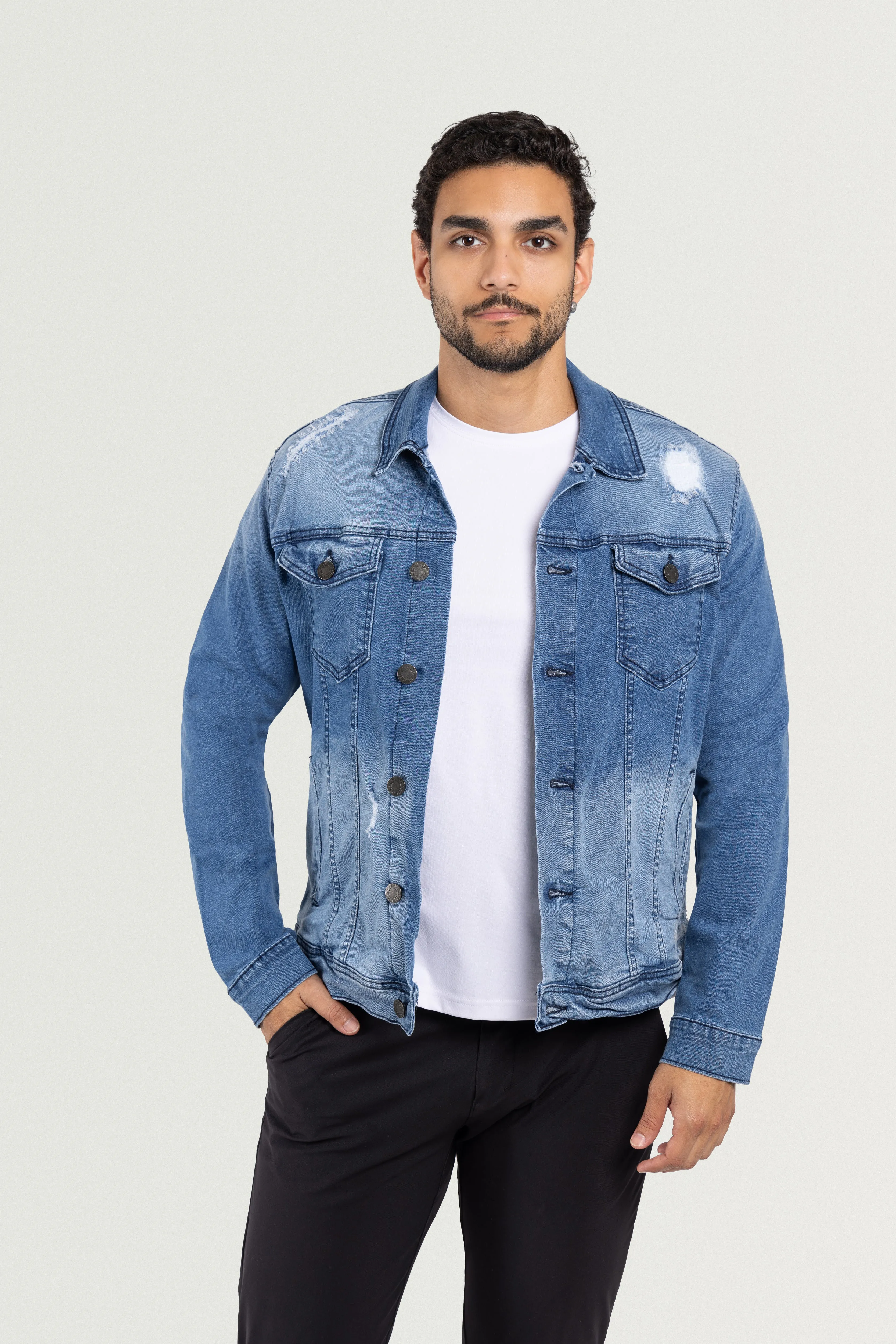 X RAY Men's Washed Trucker Rip Denim Jacket