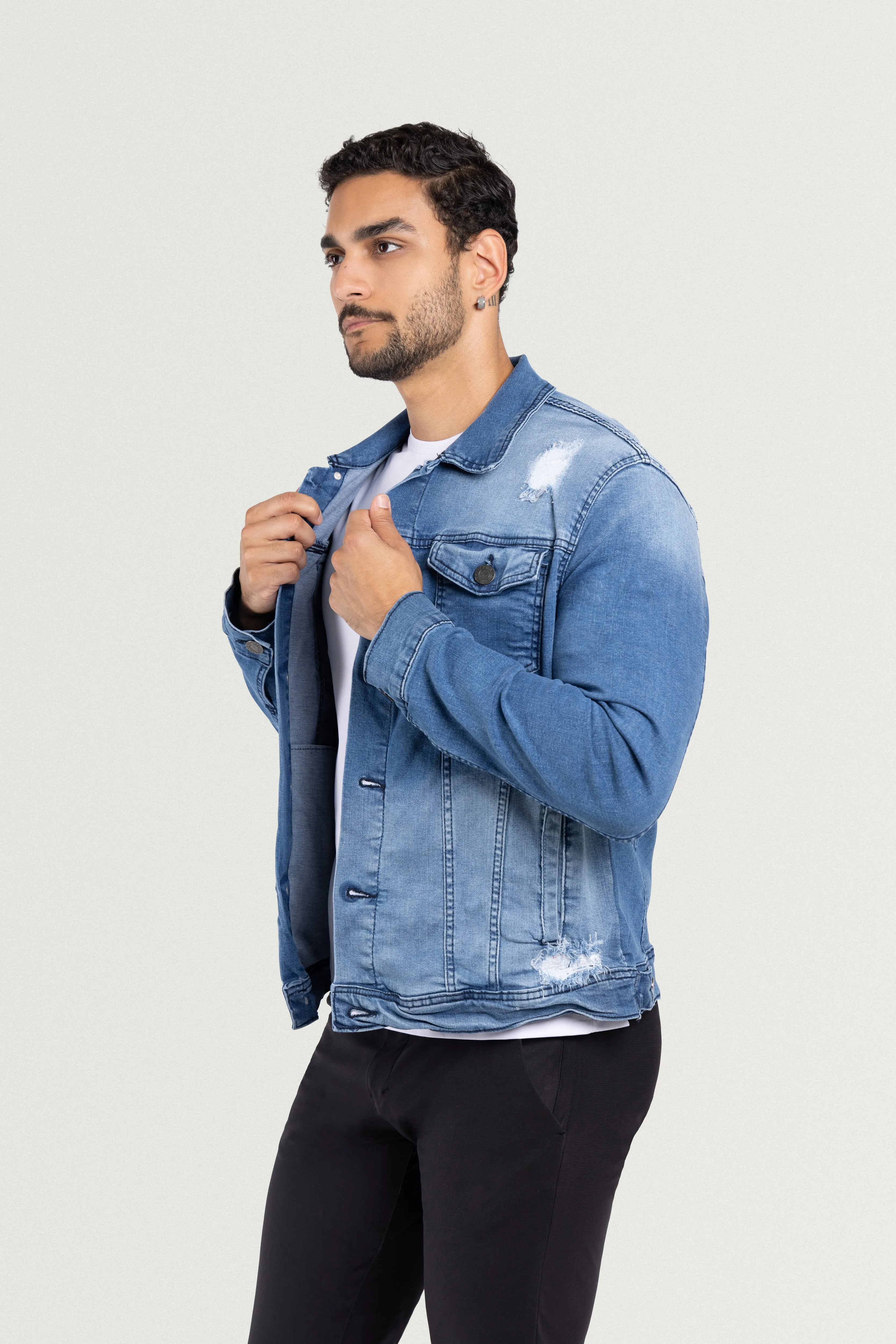 X RAY Men's Washed Trucker Rip Denim Jacket