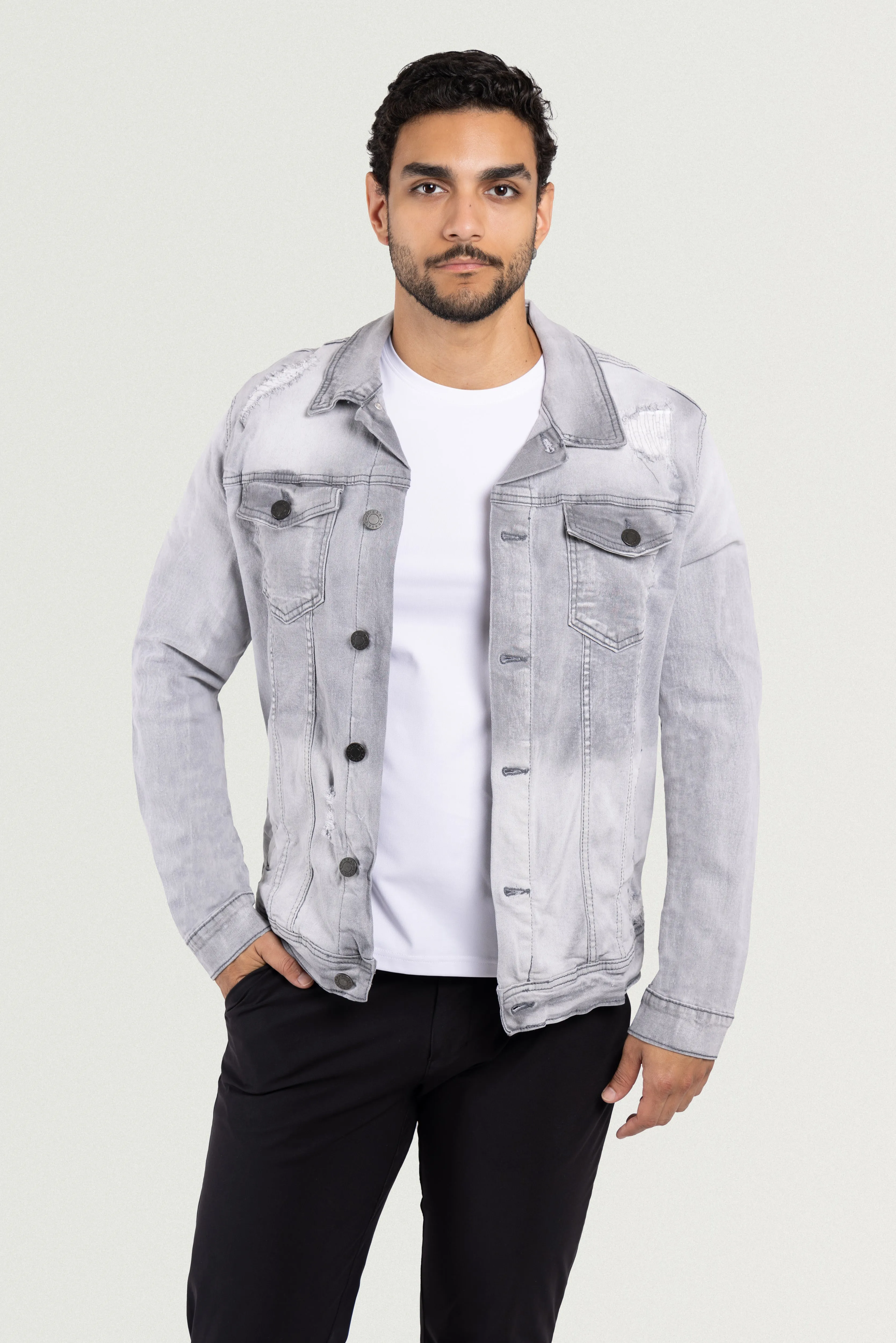 X RAY Men's Washed Trucker Rip Denim Jacket