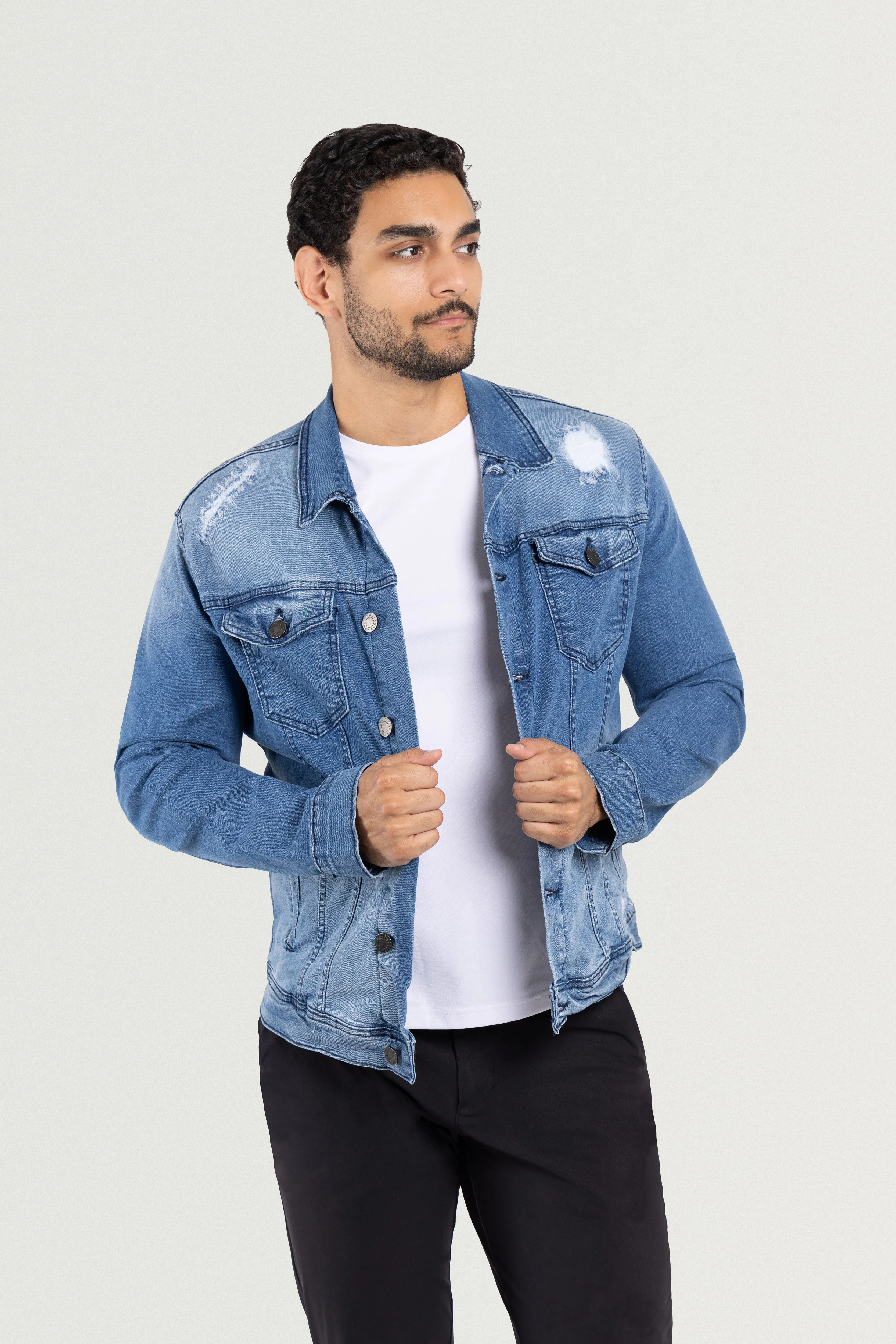 X RAY Men's Washed Trucker Rip Denim Jacket