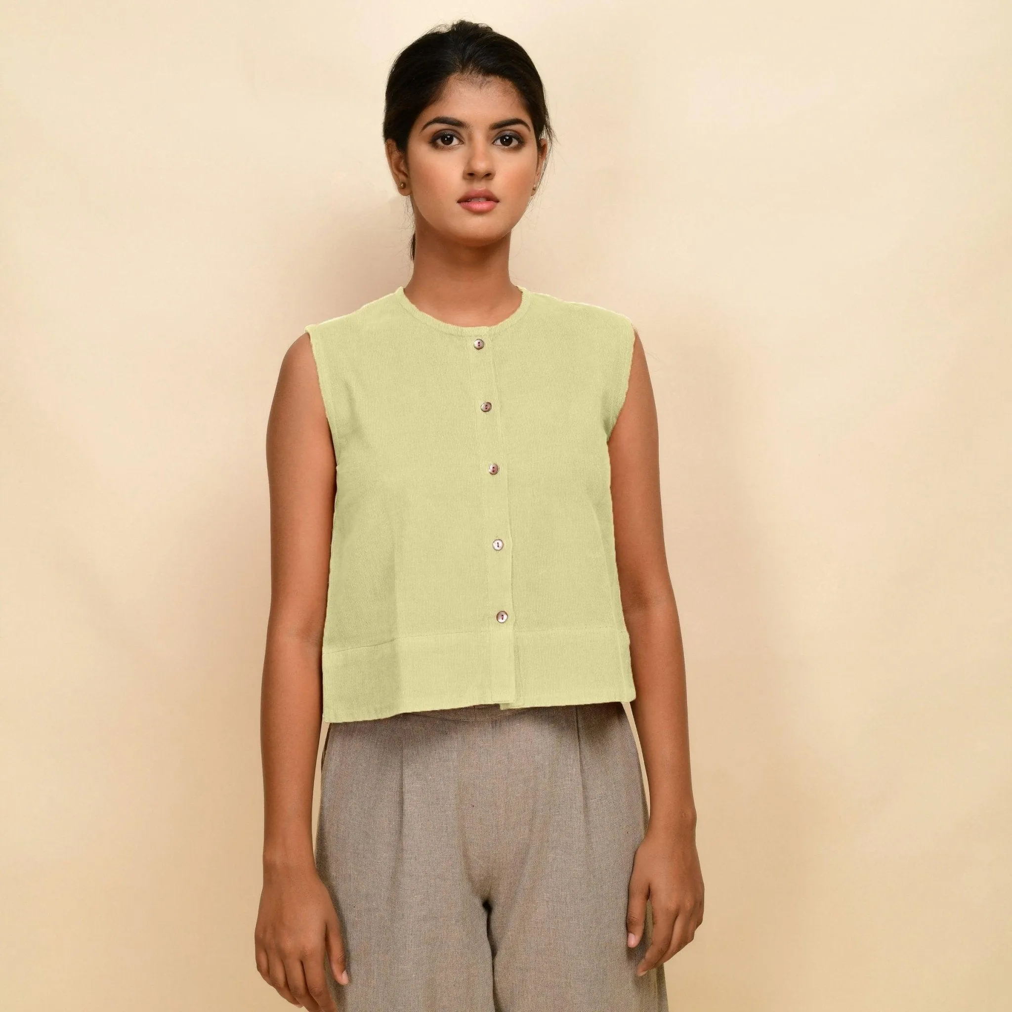 Yellow Warm Cotton Corduroy Button-Down Short Top