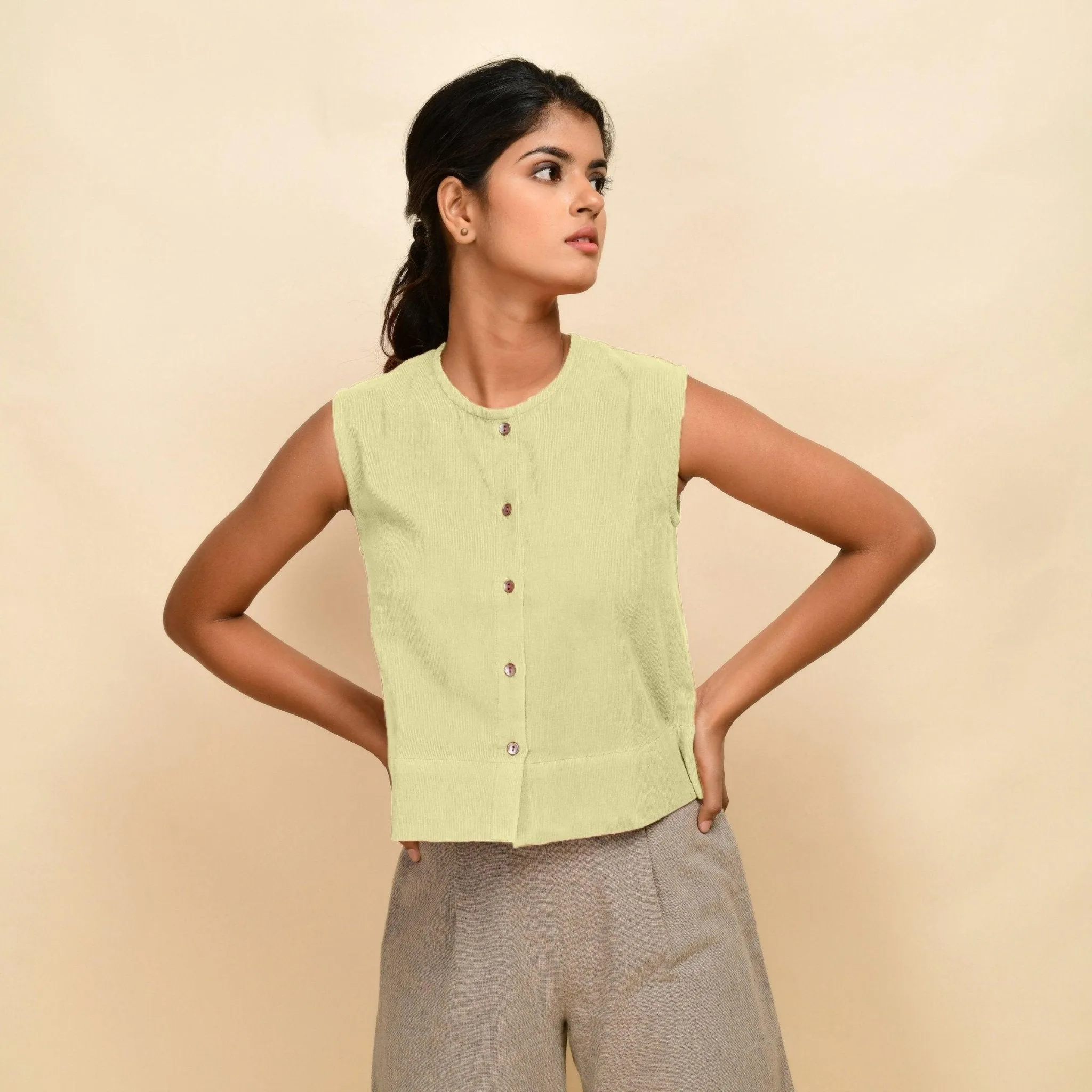 Yellow Warm Cotton Corduroy Button-Down Short Top