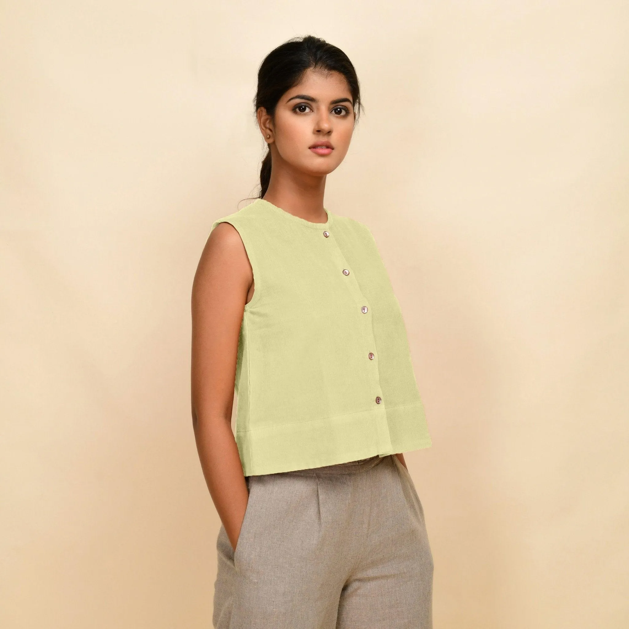 Yellow Warm Cotton Corduroy Button-Down Short Top